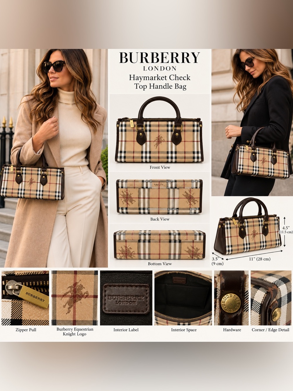 Burberry Beige Haymarket Check Top Handle Bag with Dark Brown Trim